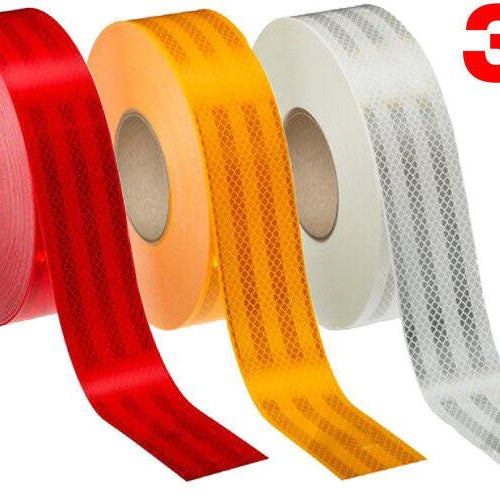 Rollos de cinta reflectante 3M Diamond Grade en colores rojo, naranja y blanco con patrón reflectante