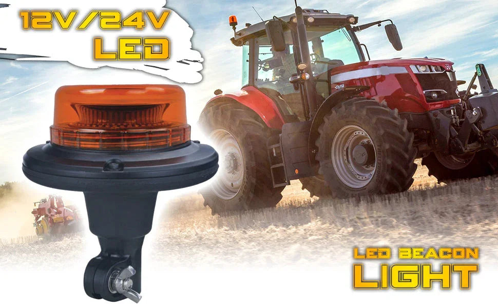Rotativo LED agrícola color ámbar 12V/24V instalado en tractor rojo en campo de cultivo