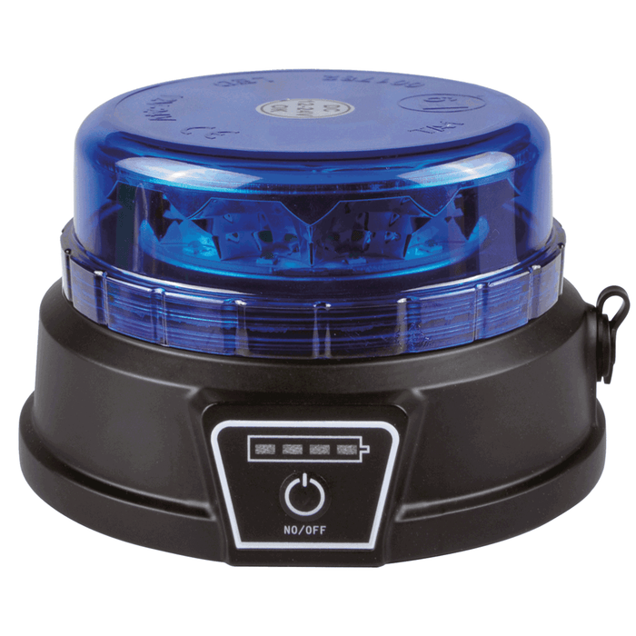 Luz rotativa LED azul con base negra y botón encendido apagado recargable