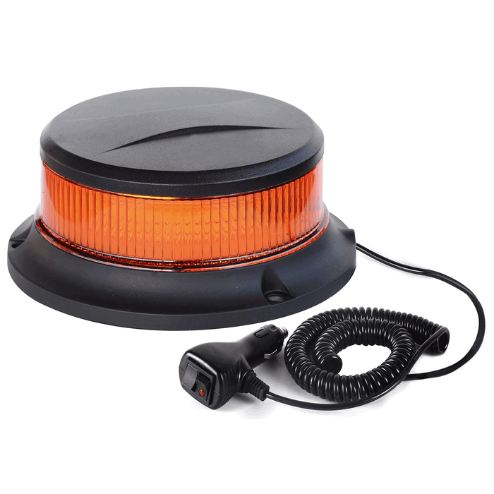 Luz rotativa LED ámbar compacta con base negra y cable para mechero 12V