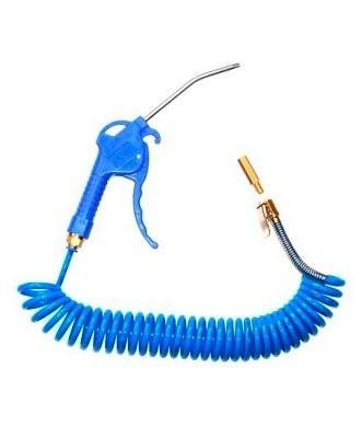 Pistola de aire comprimido azul con manguera en espiral para limpieza y mantenimiento