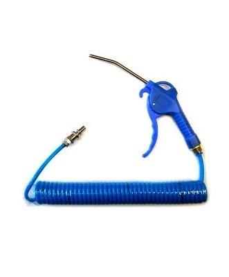 Pistola sopladora azul con manguera espiral y boquilla metálica sobre fondo blanco