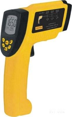 Termómetro infrarrojo digital amarillo con pantalla LCD y botones de control negros