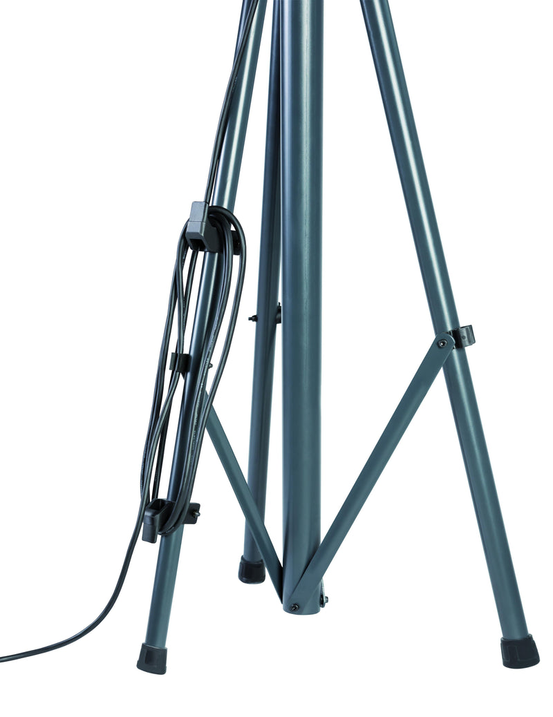 Base metálica en trípode con cable eléctrico enrollado y patas con topes de goma