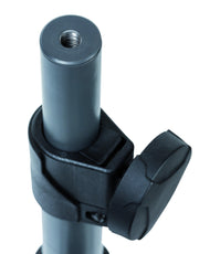 Perno metálico gris con ajuste de manija plástica negra para soporte o trípode