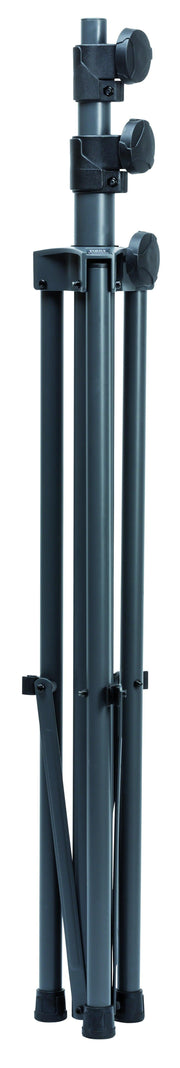 Trípode metálico negro con patas ajustables y tornillos de sujeción para equipos de fotografía o video