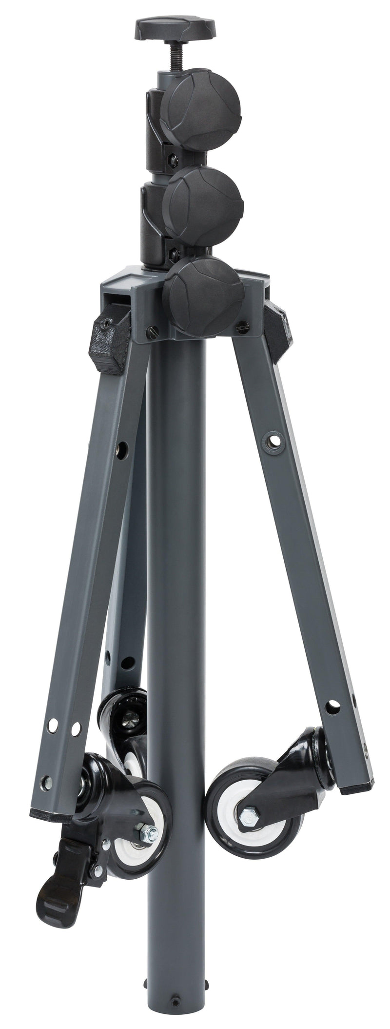 Soporte o trípode metálico gris con ruedas giratorias y perillas negras ajustables