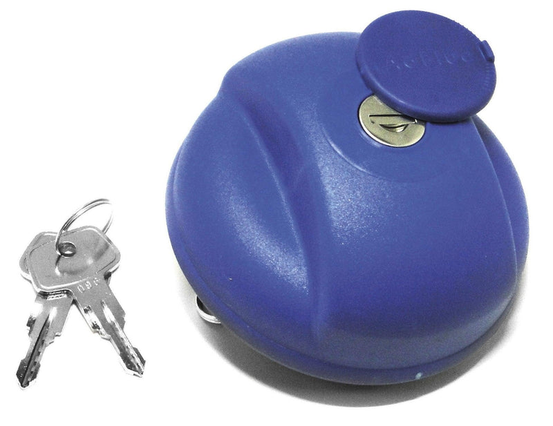 Caja fuerte azul redonda con llave plateada para seguridad y protección