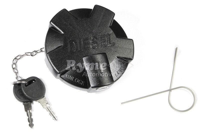 Tapón de combustible diesel negro con cerradura, dos llaves y clip metálico para seguridad