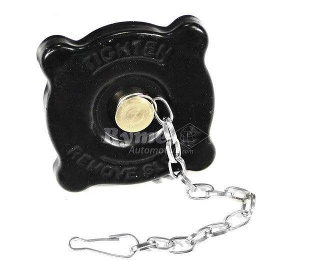 Tapa de radiador negra con cadena metálica y cierre, diseñada para autos con advertencia de presión