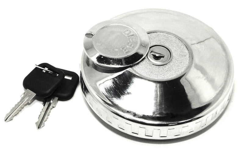 Tapón metálico de depósito de combustible con cerradura y dos llaves negras sobre fondo blanco