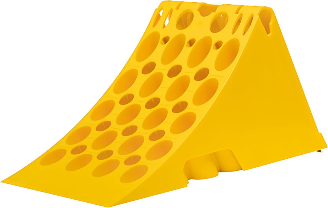 Cale de roue R560 DIN 76051 | Plastique jaune, 470x224x200 mm, avec plaque métallique antidérapante | Sécurité des camions et des véhicules industriels