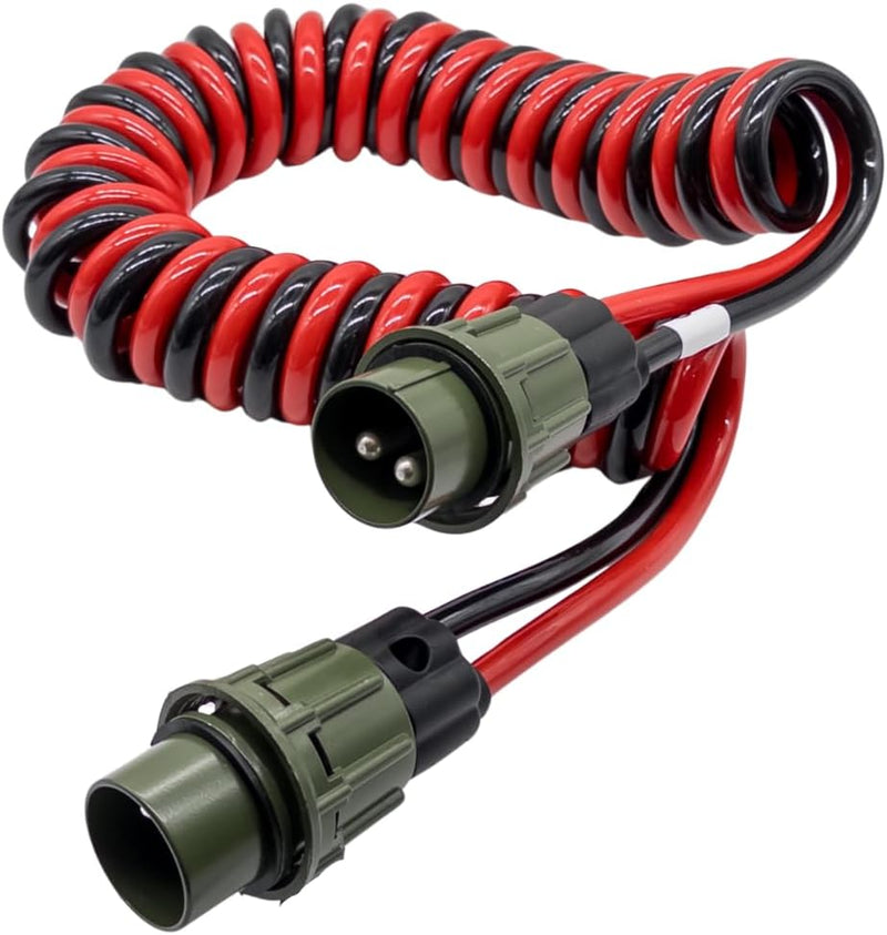 Cable Espiral de Interconexión OTAN NATO 24V 300A, 2x35 mm², 4 Metros, 2 Clavijas Macho de 2 Polos, Cobre 100%, Norma VG 96927-12, Cable Eléctrico para Vehículos Militares